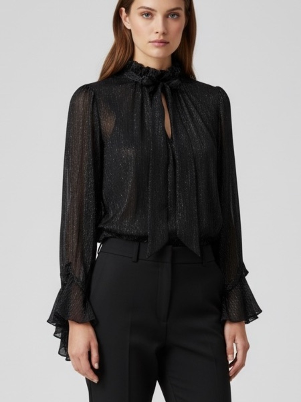 🌻EUC Endless Rose Black Metallic Semi-Sheer Bow Neck Waterfall Sleeve Blouse S